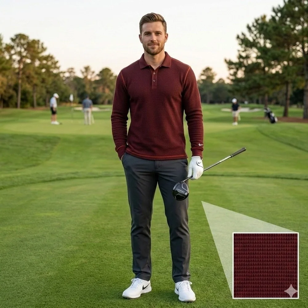 Nike Golf Shirt Men's Medium Red Maroon Long Sleeve Polo Waffle Knit Pullover